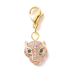 Rose Gold Brass Micro Pave Cubic Zirconia Pendants, with Lobster Claw Clasps, Leopard Head, Rose Gold, 26mm