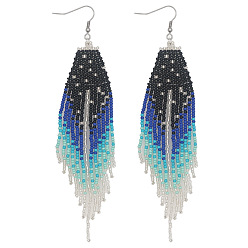 Платина Серьги-подвески в виде стрелы из стеклянных бусин ручной работы в этническом стиле, платина, 125x30 мм