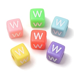 Couleur Mélangete Perles européennes opaques acrylique, Perles avec un grand trou   , cube avec la lettre w, couleur mixte, 10x9x9~9.5mm, Trou: 4mm, environ580 pcs / 500 g
