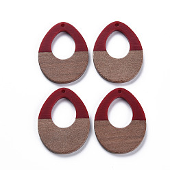 FireBrick Opaque Resin & Walnut Wood Pendants, Two Tone, Teardrop, FireBrick, 37x28.5x3mm, Hole: 2mm