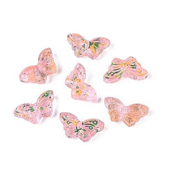 Pink Picasso Transparent Glass Beads, Butterfly, Pink, 8x14.5~15x4.5~5.5mm, Hole: 1mm, About 690pcs/pound