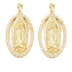 Настоящее золото 18K Латунные микропаве прозрачные подвески с фианитом, овал с подвесками Девы Марии, долговечный, стойки покрытие, без свинца и без кадмия, реальный 18 k позолоченный, 43x25x4 мм, отверстие : 8x5 мм