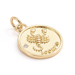 Скорпион Латунные микро проложить кубического циркония подвески, с целью перехода в кольце, плоские круглые с двенадцати созвездий, прозрачные, золотые, Скорпион, 18x14.5x1.5 мм, отверстие : 3 мм