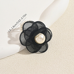 Black Chiffon with Plastic Pearl Finger Rings for Women, Flower, Black, 16~18mm