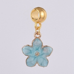 Светло-Голубой Позолоченные подвески из цинкового сплава в европейском стиле, Подвески с большими отверстиями, с эмалью, цветок, Небесно-голубой, 27 мм, отверстие : 4.5 мм, Цветок: 16.5x14x2 мм