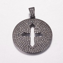 Gunmetal Long-Lasting Plated Brass Micro Pave Cubic Zirconia Pendants, Flat Round with Cross, Gunmetal, 29x26x2mm, Hole: 3x4mm