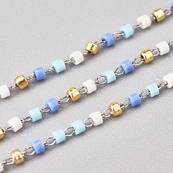 Светло-Голубой Цельнозерновые бисерные цепочки, с кабельными цепями из нержавеющей стали, несварные, с катушкой, цвет нержавеющей стали, Небесно-голубой, 1~2x0.9~1.5 мм, около 26.24 футов (8 м) / рулон