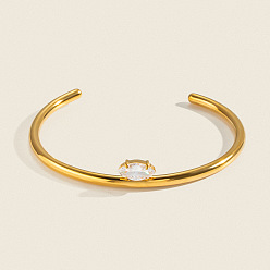 Golden 304 Stainless Steel Pave Clear Cubic Zirconia Horse Eye Open Cuff Bangles for Women, Golden, Inner Diameter: 2.58 inch(6.56cm)