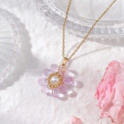 Розовый Стеклянные и стеклянные жемчужные бусины подвески ожерелья для женщин, с 304 кабельной цепью из нержавеющей стали, цветок, туманная роза, 17.72 дюйм (45 см)