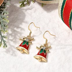 Золотой Болтаться серьги сплава эмали, Рождественский колокольчик, со стразами, золотые, 32x13.5 мм