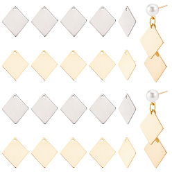 Real 24K Gold Plated & Stainless Steel Color 120Pcs 2 Colors 201 Stainless Steel Pendants, Stamping Blank Tag, Rhombus Charm, Real 24K Gold Plated & Stainless Steel Color, 16x13x0.5mm, Hole: 1.2mm, 60pcs/color