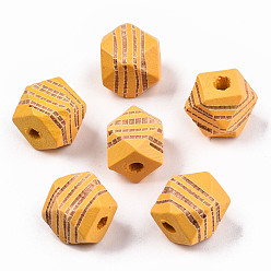 Оранжевый Расписные бусы из натурального дерева, лазерная гравировка, граненые, многоугольник с полосой зебры, оранжевые, 10x10x10 мм, отверстие : 2.5 мм