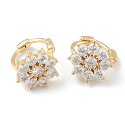 Golden Brass Micro Pave Clear Cubic Zirconia Huggie Hoop Earrings, Flower, Golden, 13.5mm, Pin: 1x0.5mm
