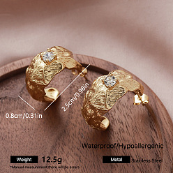 Others 304 Stainless Steel Glass Rhinestone Stud Earrings for Women, Half Hoop Earrings, Golden, 25x8mm