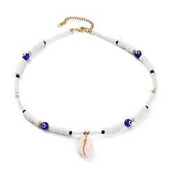 White Natural Cowrie Shell Pendant Necklaces, with Polymer Clay Heishi Beads, Evil Eye Lampwork Beads, Natural Howlite Beads, Glass Beads and 304 Stainless Steel Lobster Claw Clasps, Golden, White, 17-3/4 inch(45cm)