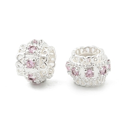Розовый Латунные микро проложить Цирконий Европейский бисером, бусины с большим отверстием, рондель, стойки покрытие, без кадмия и без свинца, долговечный, серебряные, туманная роза, 10.5x7.5~8 мм, отверстие : 5.3 мм