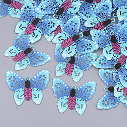 Deep Sky Blue Printed Brass Pendants, Etched Metal Embellishments, Butterfly, Deep Sky Blue, 15.5x19x0.3mm, Hole: 1mm