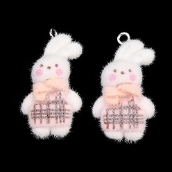 Персиковый Слойка Флокированные подвески из непрозрачной смолы, очарование кролика, с железной платиной петлей, розовые, 31x17x8.5 мм, отверстие : 2 мм