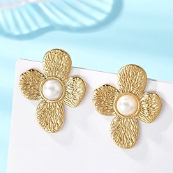 Золотой Цветок ко Дню святого Валентина 304 Серьги-гвоздики из нержавеющей стали, с абс пластмассовой имитационной жемчужиной, золотые, 33.5x26 мм