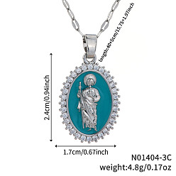 Темно-бирюзовый Элегантные винтажные латунные прозрачные блестящие кубические циркониевые подвески святого Иуды с эмалью для повседневного ношения, платина, темные бирюзовый, 15.75 дюйм (40 см)