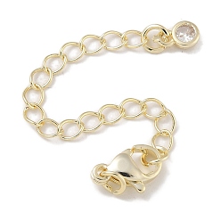 Настоящее золото 14K Латунный удлинитель цепи, с застежками-клешнями и подвесками из кубического циркония, плоско-круглые, реальный 14 k позолоченный, 70 мм, отверстие : 2.5 мм