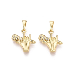 Настоящее золото 18K Латунные микропаве прозрачные подвески с фианитом, рука с подвесками в виде микрофона, реальный 18 k позолоченный, 16x16x3.5 мм, отверстие : 6x3 мм