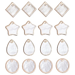 Light Gold 16Pcs 4 Style Natural Capiz Shell Pendants, with Brass Edge Plated, Star & Flat Round & Rhombus & Teardrop, Mixed Color, 18~21x18~21x1~2mm, Hole: 1.2~1.5mm, 4pcs/style