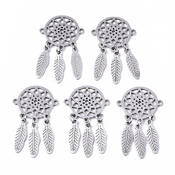 Stainless Steel Color Tarnish Resistant 201 Stainless Steel Links Connectors, Laser Cut, Woven Net/Web with Feather, Stainless Steel Color, 34x19x1mm, Hole: 1.4mm