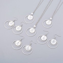 Platinum & Silver Brass Jewelry Sets, Necklaces and Dangle Earrings, with Shell Beads and Iron Finding, Flat Round, Platinum & Silver, Necklaces: 18.11 inch(46cm), 43x30mm, Earring: 50~52mm, Pin: 0.7mm