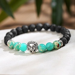 Бирюза Браслеты из эластичной ткани с круглыми бусинами из натуральной лавовой породы и камня шоушань., Ювелирные изделия из сплава в виде льва для мужчин, окрашенные, бирюзовые, 7.09 дюйм (18 см)