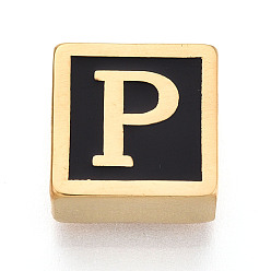 Letter P 304 Квадратные распорные планки из нержавеющей стали с черным эмалевым покрытием, 2-луночное, ионное покрытие (ip), реальный 18 k позолоченный, Письмо P, 12x12x6 мм, отверстие : 4.5 мм