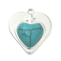 Сердце Окрашенные синтетические бирюзовые подвески, с 304 установками из нержавеющей стали, серебряный цвет гальваническим, сердце, 22.5x20x6 мм, отверстие : 2 мм