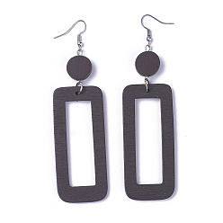 Black Wood Dangle Earrings, with Platinum Tone Iron Earring Hooks, Rectangle, Black, 106mm, Pin: 0.6mm, Flat Round: 14.5mm, Rectangle: 66x29x2.5mm