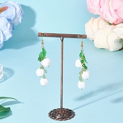 Зеленый Цветок стекло болтаться серьги, с латунным крючком для сережек и лэмпворком, золотые, зелёные, 73.5x11.5 мм