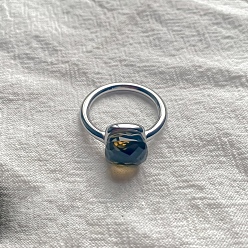 Темно-оливково-зеленый Квадратный 304 нержавеющая сталь со стеклянными кольцами для пальцев, цвет нержавеющей стали, темно-оливковый зеленый, 10 мм, размер США 8 (18.1 мм)