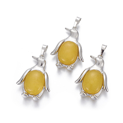 Другие Нефриты Подвески из окрашенного натурального нефрита, с латунной фурнитурой , пингвин, платина, желтые, 34~35x24~25x5~8 мм, отверстие : 8x5 мм