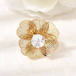 Золотой 201 Регулируемые кольца-манжеты из нержавеющей стали с одинарным кубическим цирконием для женщин, цветок, золотые, 24.5x26 мм, внутренний диаметр: 18 мм