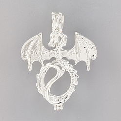 Argent Pendentifs médaillon en laiton, pendentifs cage, creux, Dragon, couleur argent plaqué, 31x24x11mm, trou: 4x3 mm, mesure intérieure: 9 mm