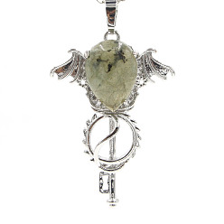 Labradorite Natural Labradorite Pendants, with Platinum Plated Brass Findings, Wing with Key Charms, 47x32x11mm