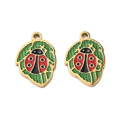 Colorido 304 colgantes de esmalte de acero inoxidable, hoja con dijes de mariquita, revestimiento de iones (ip), dorado, colorido, 16x11x1.5 mm, agujero: 1.6 mm