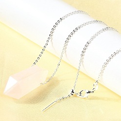 Розовый Кварц Натуральный розовый кварц двойной концевой заостренный граненый пуля подвеска ожерелье, регулируемые слайдерные латунные кабельные цепочки ожерелья для женщин, серебряные, 17.91 дюйм (45.5 см)