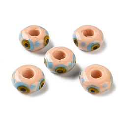 Beige Handmade Lampwork European Beads, Large Hole Beads, Rondelle with Evil Eye, Beige, 14x7mm, Hole: 5.5mm