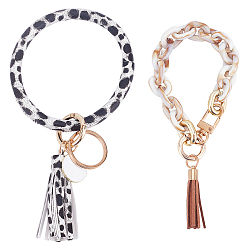 Golden Wristlet Bracelet Keychain Set, including 1Pc Acrylic Chain Keychain, and 1Pc Leopard Print Leather Keychain, Golden, 1pc/style