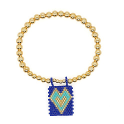 Синий Богемные стеклянные браслеты с подвесками из бисера, латунные круглые бусины эластичные браслеты для женщин, Прямоугольник с сердцем, золотые, синие, регулируемый
