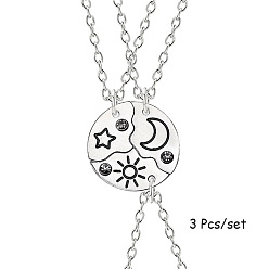 Платина Подвеска-головоломка из цинкового сплава с кристаллами и стразами в виде солнца, луны и звезд, подходящая по размеру к ожерелью для женщин, платина, 17.72 дюйм (45 см), 3 шт / комплект