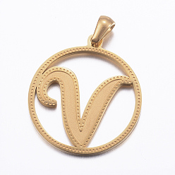Letter V Ion Plating(IP) 304 Stainless Steel Pendants, Flat Round with Letter, Golden, Letter.V, 28x25x1.2mm, Hole: 6x3.5mm