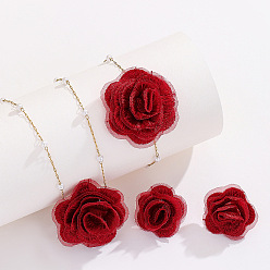 (123L) Белый крем непрозрачный блеск Ожерелья с подвесками из розовой ткани и пластикового жемчуга, браслеты с подвесками и комплекты серег-гвоздиков, 304 нержавеющей стали ювелирных изделий, золотые, огнеупорный кирпич, 350 мм