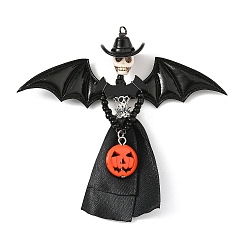 Negro Grandes colgantes sintéticos turquesa para Halloween, Amuletos de esqueleto con vestido de satén y calabaza de madera, negro, 89.5x100x26 mm, agujero: 3 mm