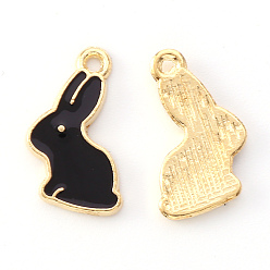 Black Alloy Enamel Pendants, Rabbit, Light Gold, Black, 17x11x1.5mm, Hole: 1.4mm