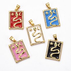 Mixed Color Brass Micro Pave Clear Cubic Zirconia Pendants, with Enamel, Long-Lasting Plated, Real 18K Gold Plated, Rectangle with Snake, Mixed Color, 26x17.5x2.5mm, Hole: 3.5x5.5mm